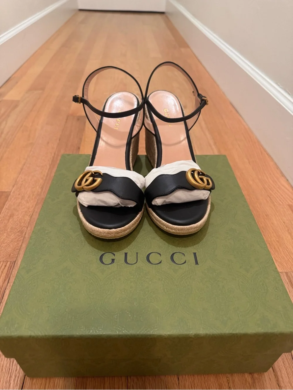 Gucci Black Leather Espadrille Wedge Sandals with Gold Double G - Size 37.5 EU
